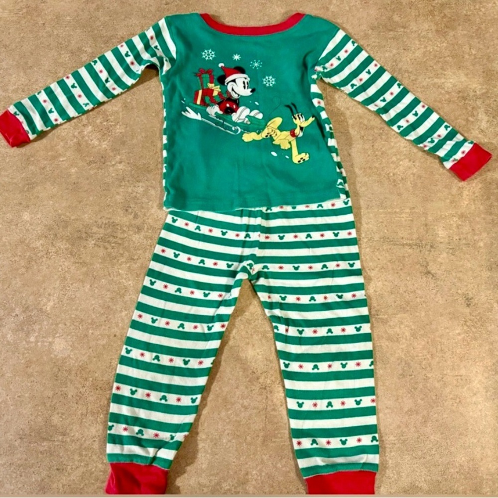 Disney Kids Mickey Christmas Green and Red  Striped Pajamas, Size 4T
